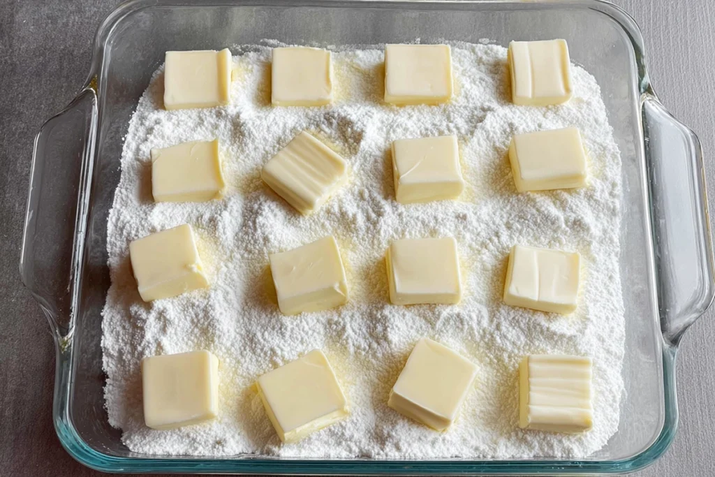 butter slices on cake mix step for caramel apple dump cake
