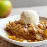 photorealistic caramel apple dump cake hero image on modern kitchen counter