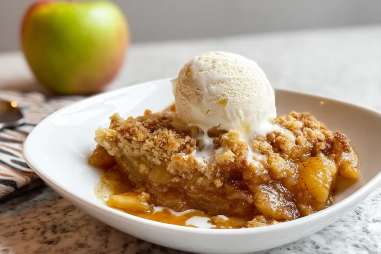 photorealistic caramel apple dump cake hero image on modern kitchen counter