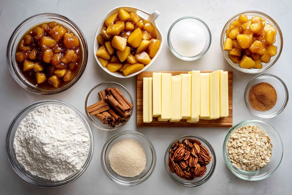 overhead shot of ingredients for caramel apple dump cake in modern kitchen