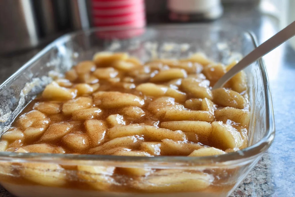 apple filling base layer step for caramel apple dump cake in modern kitchen