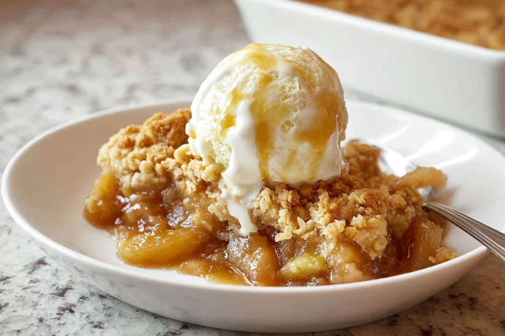 serving of caramel apple dump cake with ice cream in modern kitchen