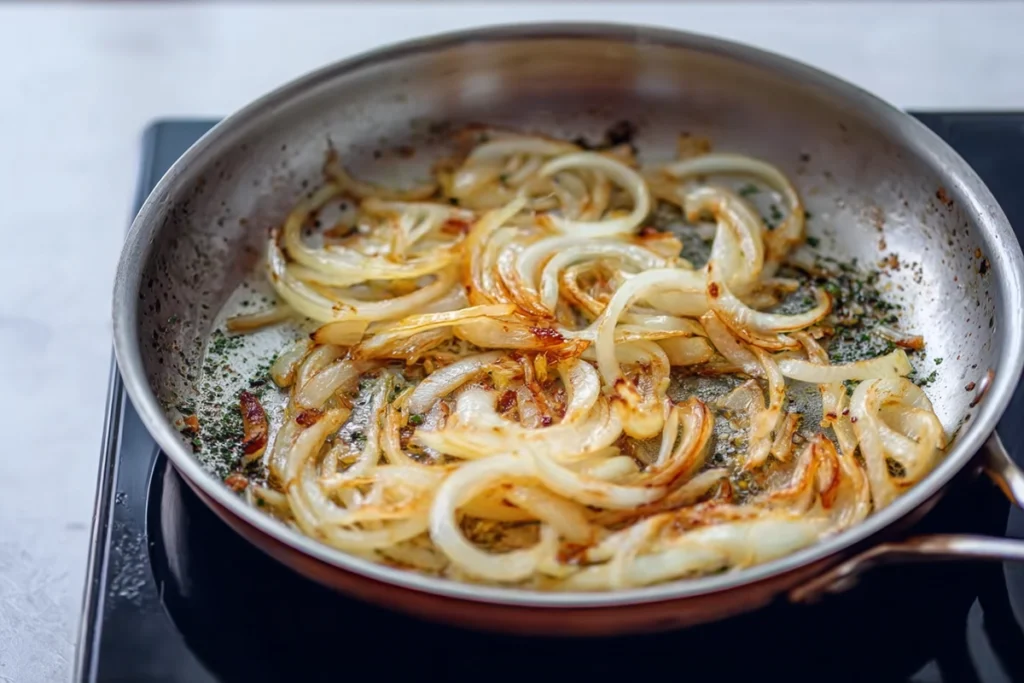 Onions caramelizing for Best French Dip Sliders in a skillet