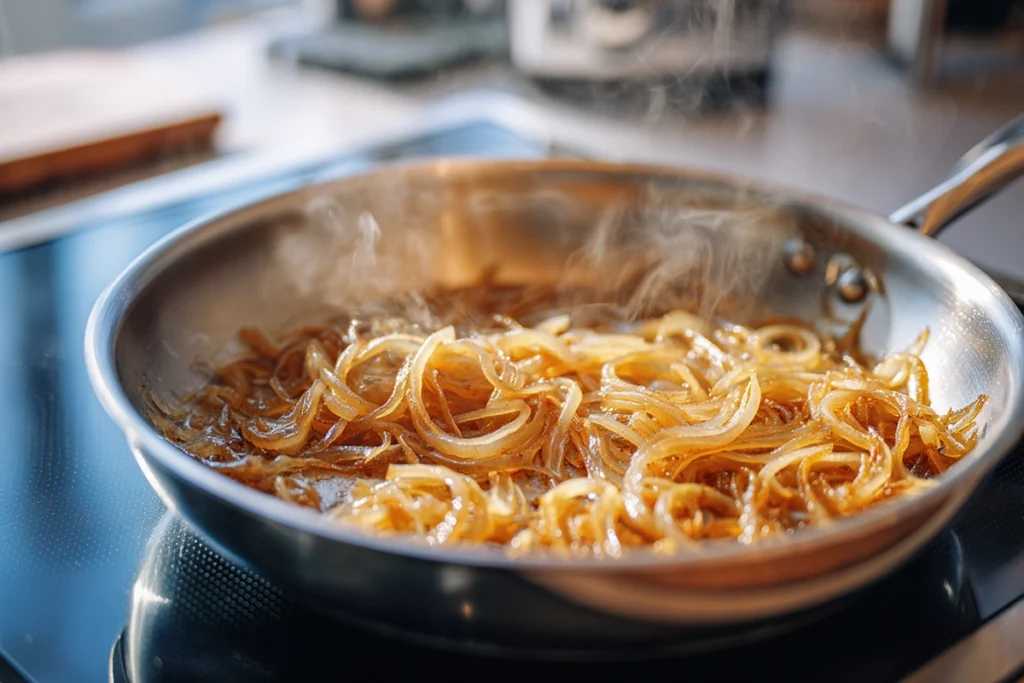 Caramelized onions cooking for French Onion Meatballs