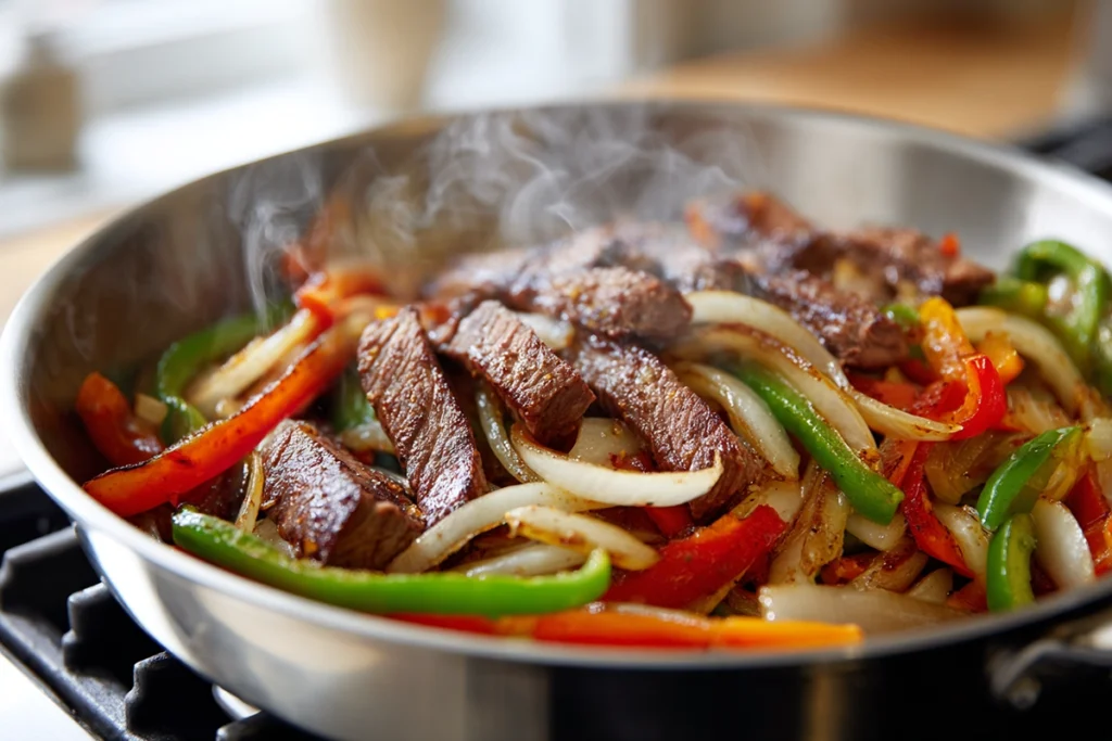 cooking steak and peppers for cheesesteak tortellini FlavorFit Kitchen
