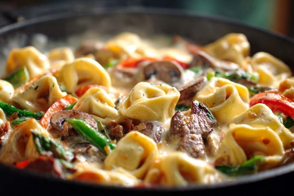 tortellini mixed with creamy sauce for cheesesteak tortellini FlavorFit Kitchen