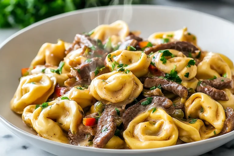 cheesesteak tortellini FlavorFit Kitchen served with creamy provolone sauce
