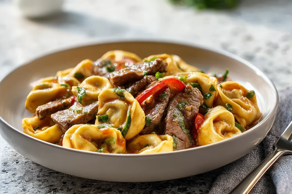 serving cheesesteak tortellini FlavorFit Kitchen in a bowl