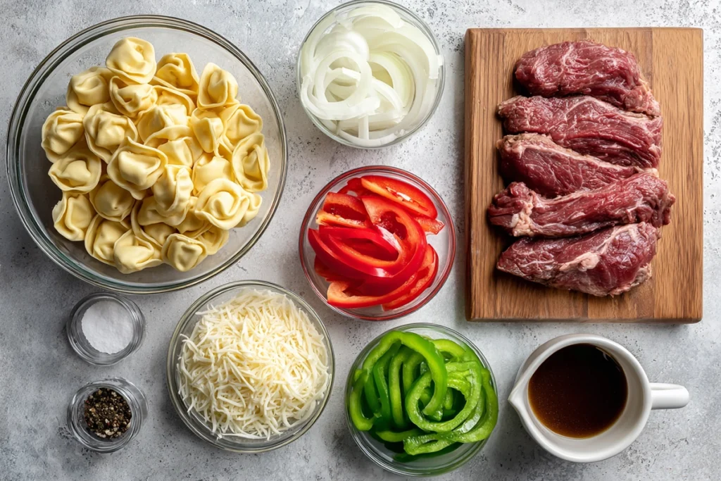 ingredients for cheesesteak tortellini FlavorFit Kitchen arranged overhead