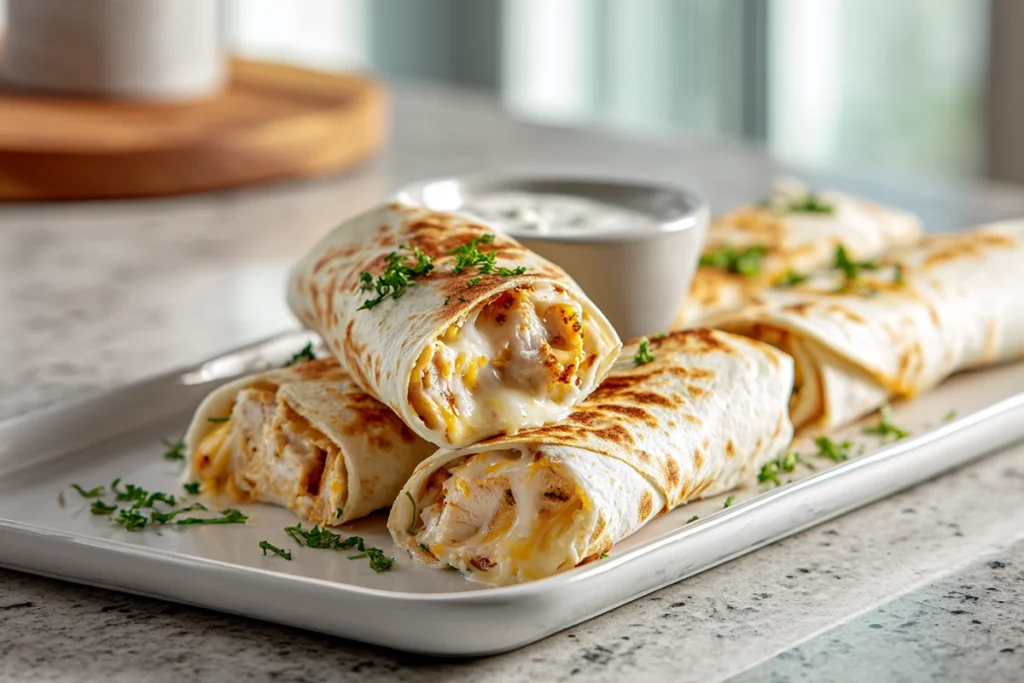 Final serving platter of cheesy garlic chicken wraps with garnish in a modern kitchen