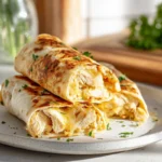 Hero shot of cheesy garlic chicken wraps with crispy tortillas and melted cheese