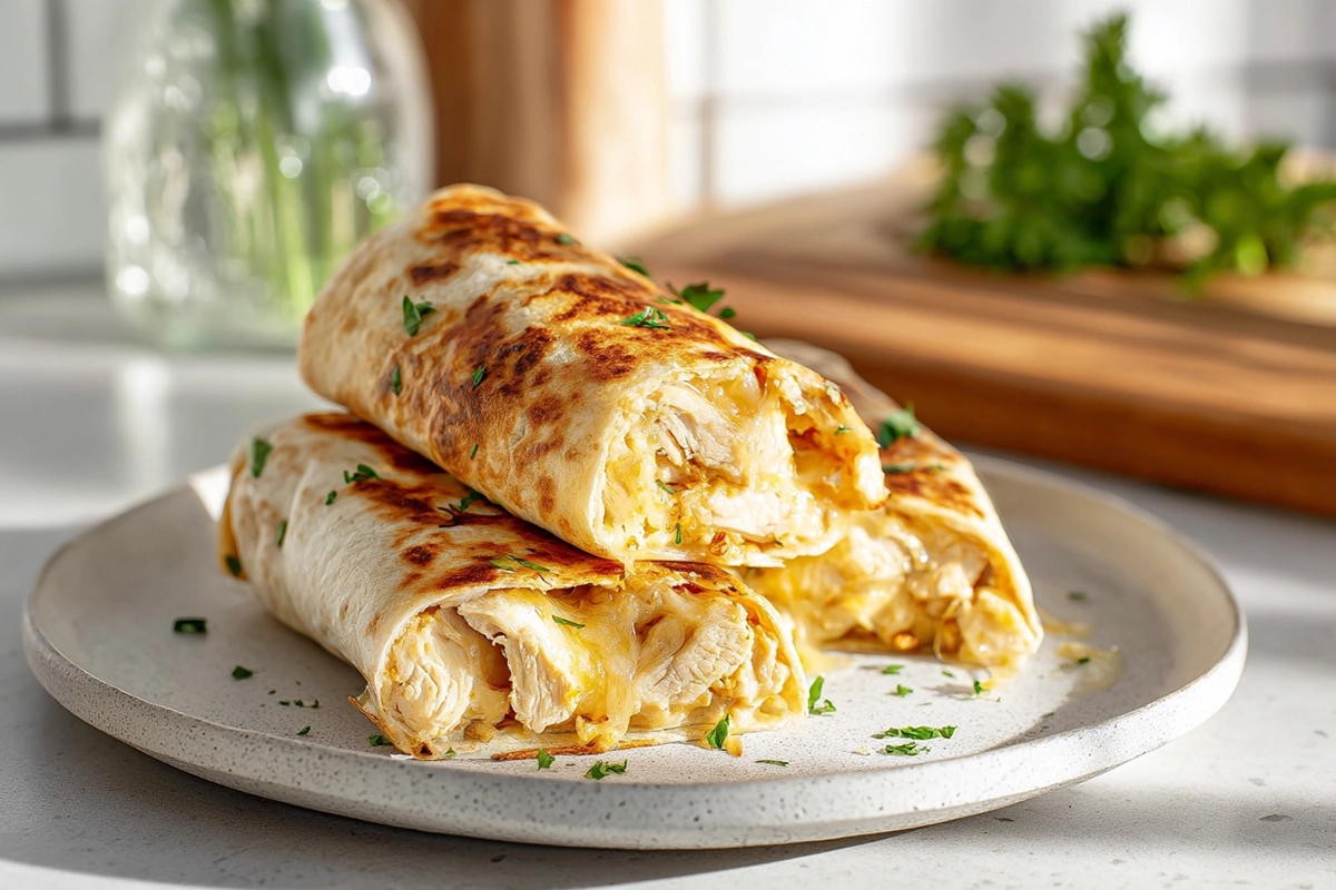 Hero shot of cheesy garlic chicken wraps with crispy tortillas and melted cheese
