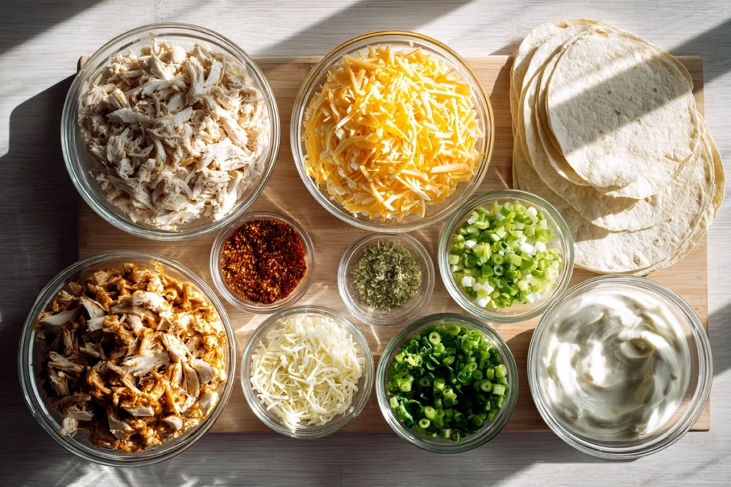 Overhead ingredients layout for cheesy garlic chicken wraps on a modern kitchen counter