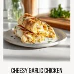 Pinterest image of cheesy garlic chicken wraps with melted cheese and crispy tortillas