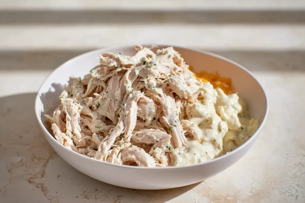 Preparing the filling for cheesy garlic chicken wraps in a bright modern kitchen