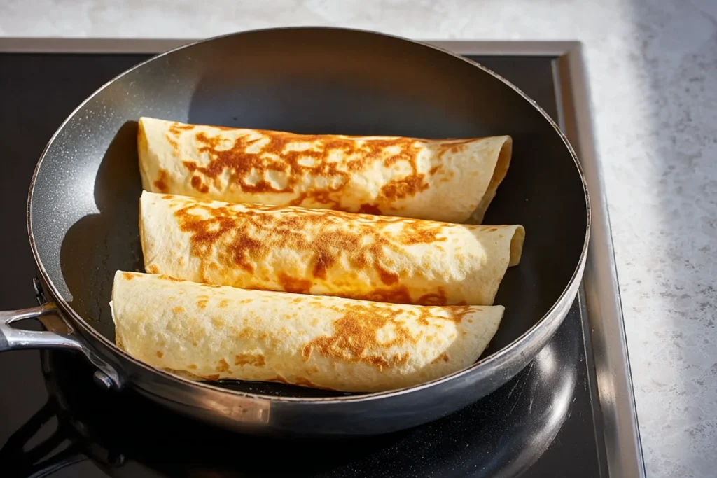 Cheesy garlic chicken wraps toasting in a skillet until golden brown