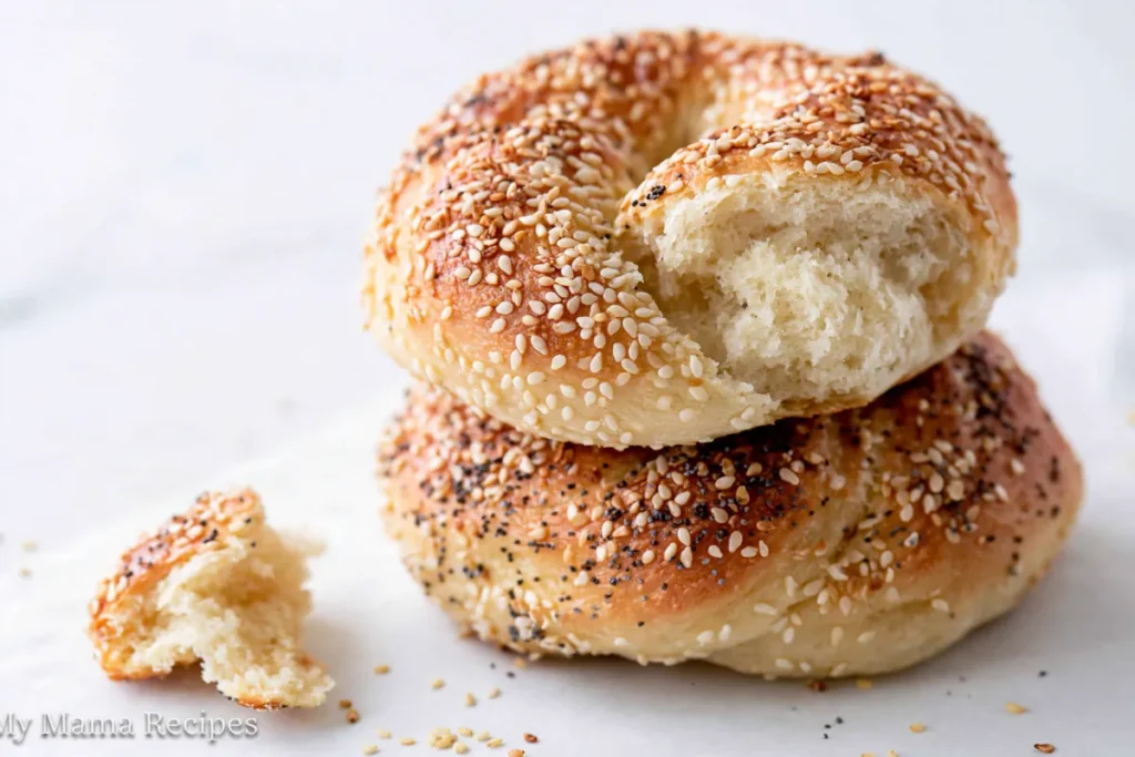 Sliced Homemade Bagels showing chewy interior and golden crust