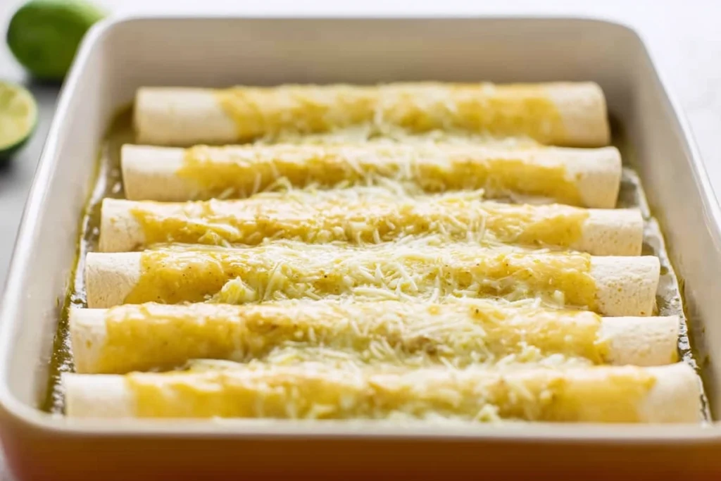 Rolled Chicken Chile Enchiladas arranged in a baking dish with sauce beneath