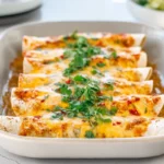 Finished Chicken Chile Enchiladas plated with chile sauce and cilantro in a modern kitchen