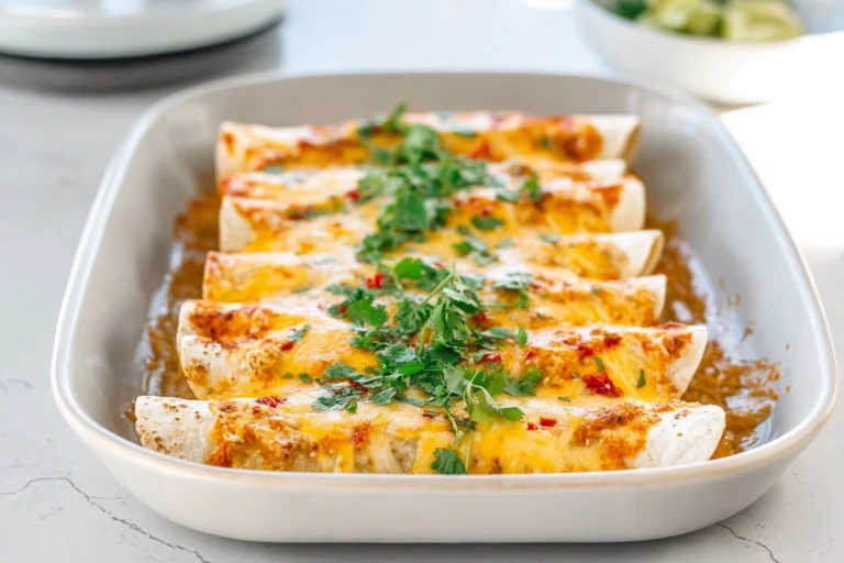 Finished Chicken Chile Enchiladas plated with chile sauce and cilantro in a modern kitchen