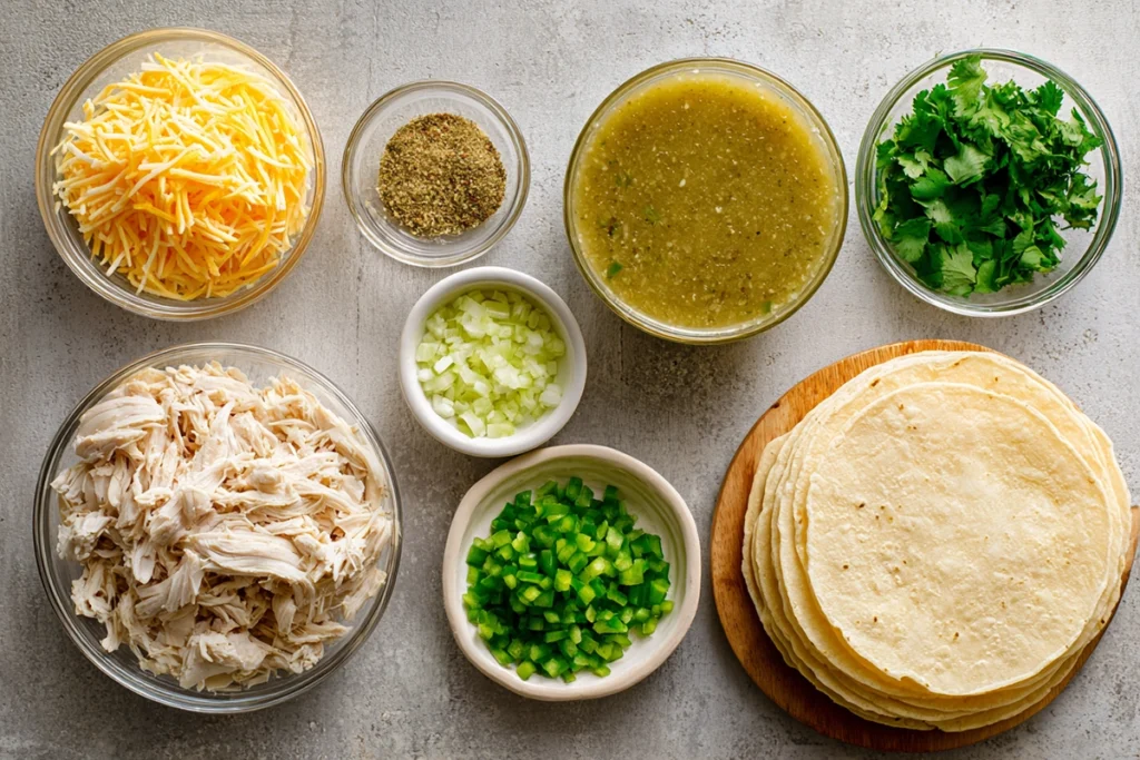 Overhead layout of Chicken Chile Enchiladas ingredients in bowls and on a wooden board