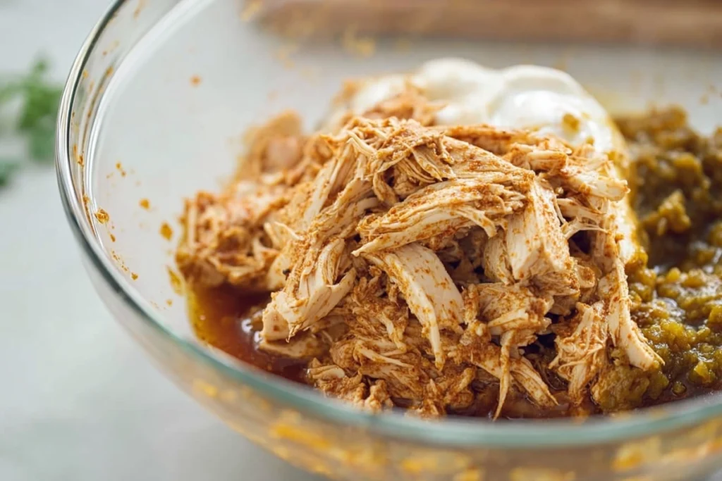 Chicken Chile Enchiladas filling mixed with chile sauce and spices in a glass bowl