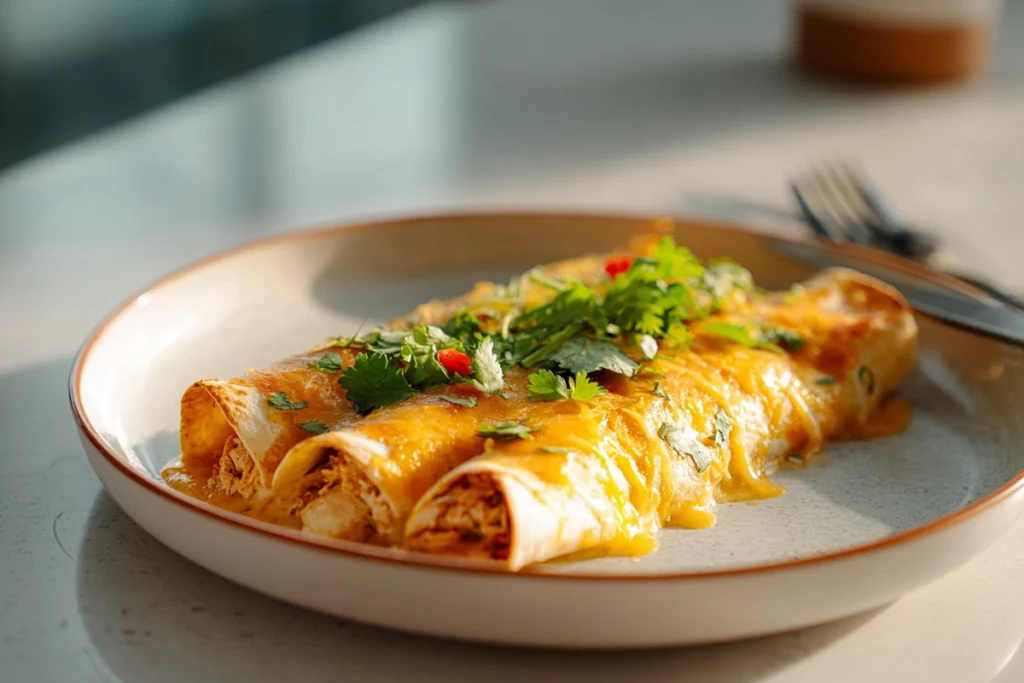 Single serving of Chicken Chile Enchiladas cut open to show filling