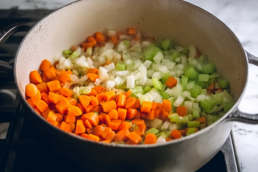 sautéing vegetables for chicken dumpling soup in a modern kitchen