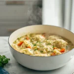 photorealistic bowl of chicken dumpling soup in a modern kitchen