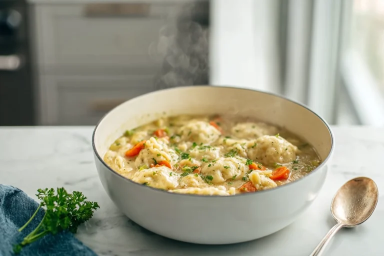 photorealistic bowl of chicken dumpling soup in a modern kitchen
