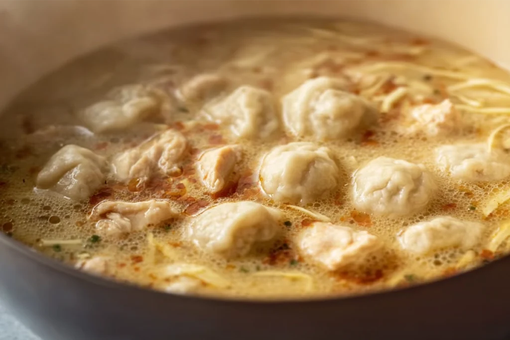 dumpling dough being added to chicken soup broth during cooking