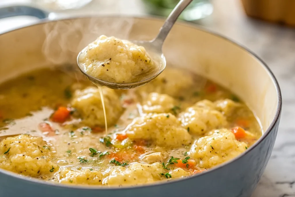 serving hot chicken dumpling soup into a bowl in a modern kitchen
