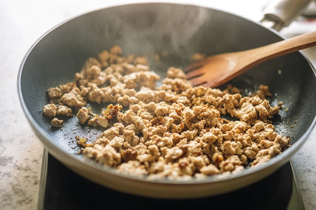 sautéing ground chicken for Chicken Egg Roll Bowls in a modern kitchen