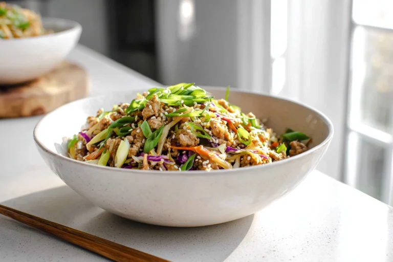 finished Chicken Egg Roll Bowls hero image in a modern kitchen with fresh garnish