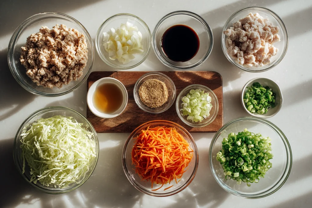 overhead layout of Chicken Egg Roll Bowls ingredients arranged in glass bowls