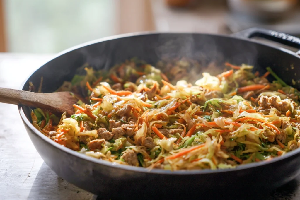 adding cabbage and carrots to Chicken Egg Roll Bowls mixture in a skillet