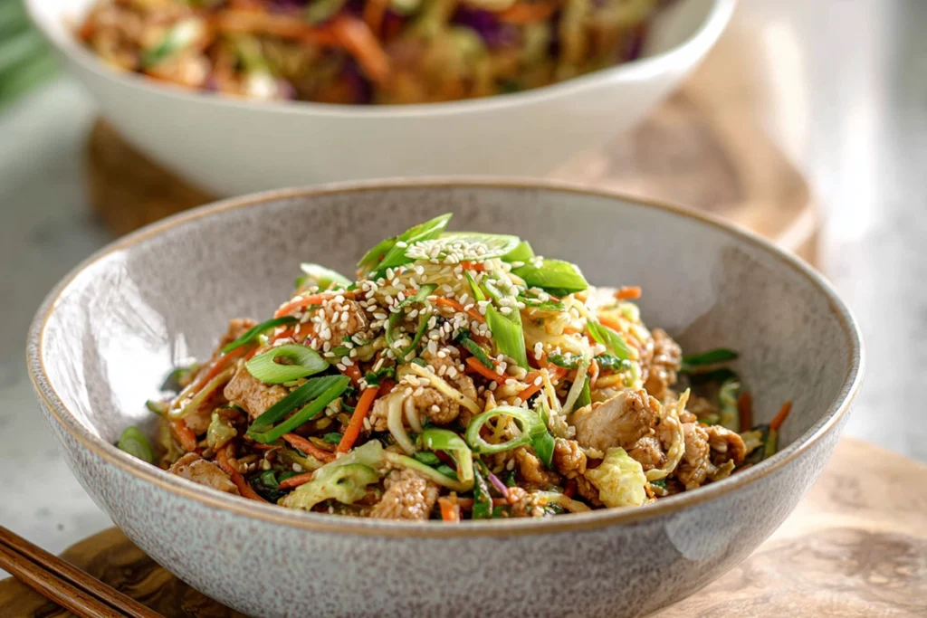 serving bowl of Chicken Egg Roll Bowls styled on a modern kitchen counter