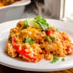 Chicken Fajita Rice Casserole served on a modern plate with peppers and cheese