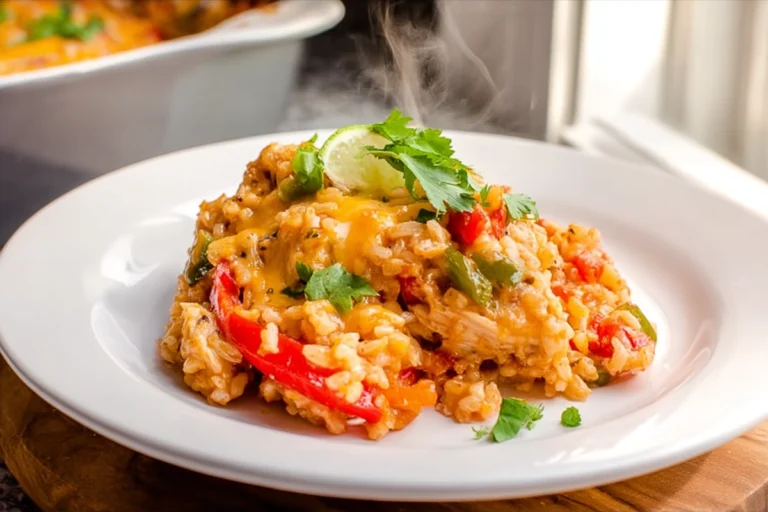 Chicken Fajita Rice Casserole served on a modern plate with peppers and cheese
