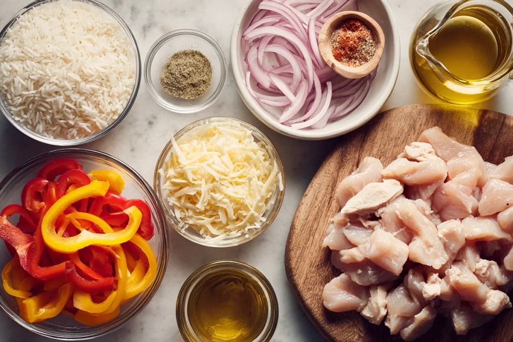 Ingredients for Chicken Fajita Rice Casserole arranged neatly on a countertop
