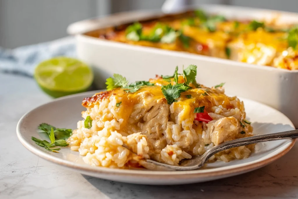 Chicken Fajita Rice Casserole ready to serve with melted cheese and peppers