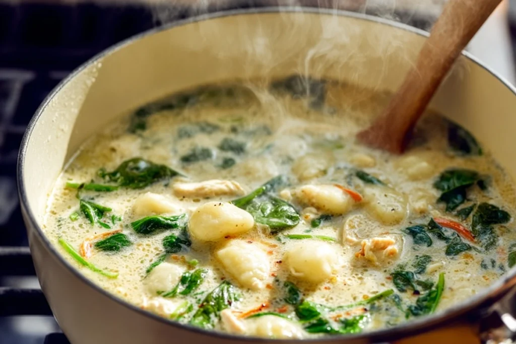 Gnocchi being added to creamy chicken gnocchi soup in a pot