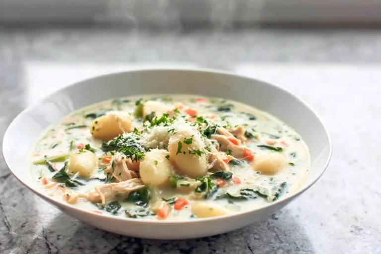 Creamy chicken gnocchi soup in a white bowl with fresh parsley and Parmesan, ready to serve