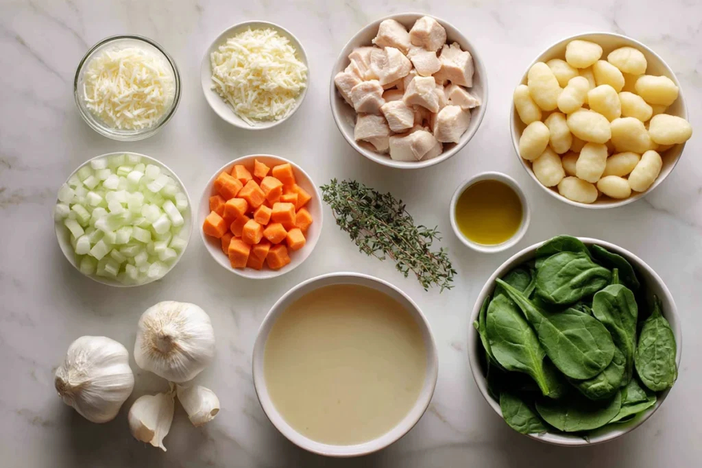 Ingredients for chicken gnocchi soup including gnocchi, chicken, spinach, and half-and-half