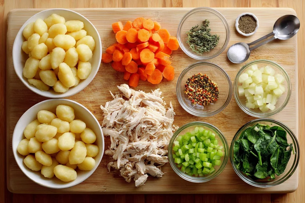 All ingredients for chicken gnocchi soup arranged in bowls and on a cutting board, overhead view