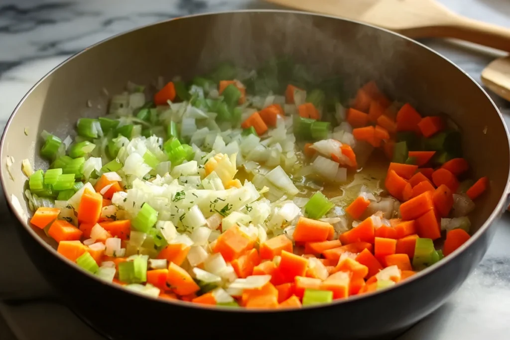 Sautéed onions, carrots, and celery in a skillet for chicken gnocchi soup