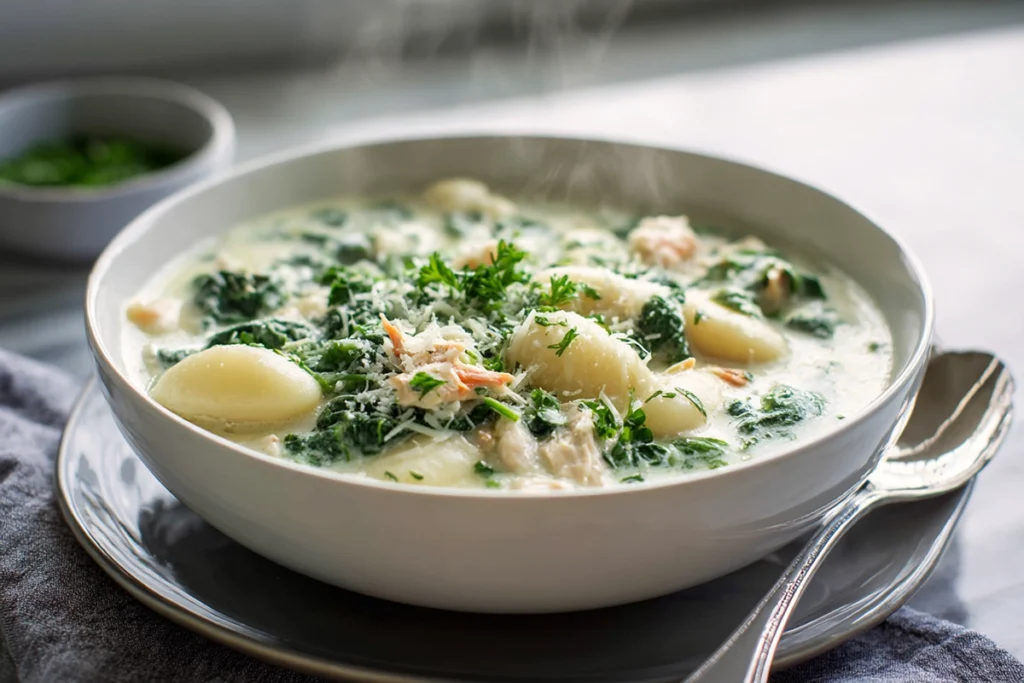 Served bowl of creamy chicken gnocchi soup with spinach and Parmesan garnish