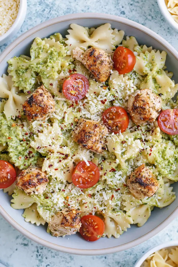 Chicken Pesto Pasta with a Creamy 30-Minute Sauce 11 Chicken Pesto Pasta served with a green salad and warm garlic bread for an easy dinner