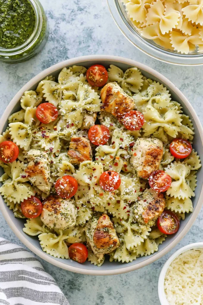 Chicken Pesto Pasta with a Creamy 30-Minute Sauce 10 Finished Chicken Pesto Pasta with a smooth clingy sauce, tender chicken, tomatoes, basil, and Parmesan