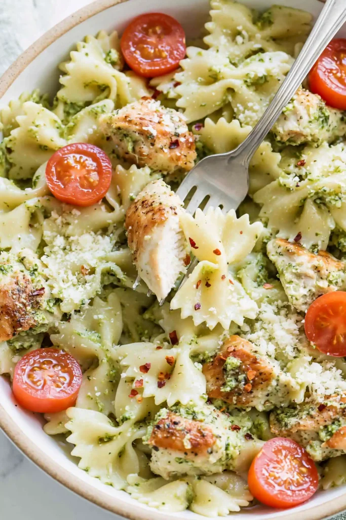 Chicken Pesto Pasta with a Creamy 30-Minute Sauce 3 Creamy Chicken Pesto Pasta with farfalle, seasoned chicken, cherry tomatoes, basil, and grated Parmesan